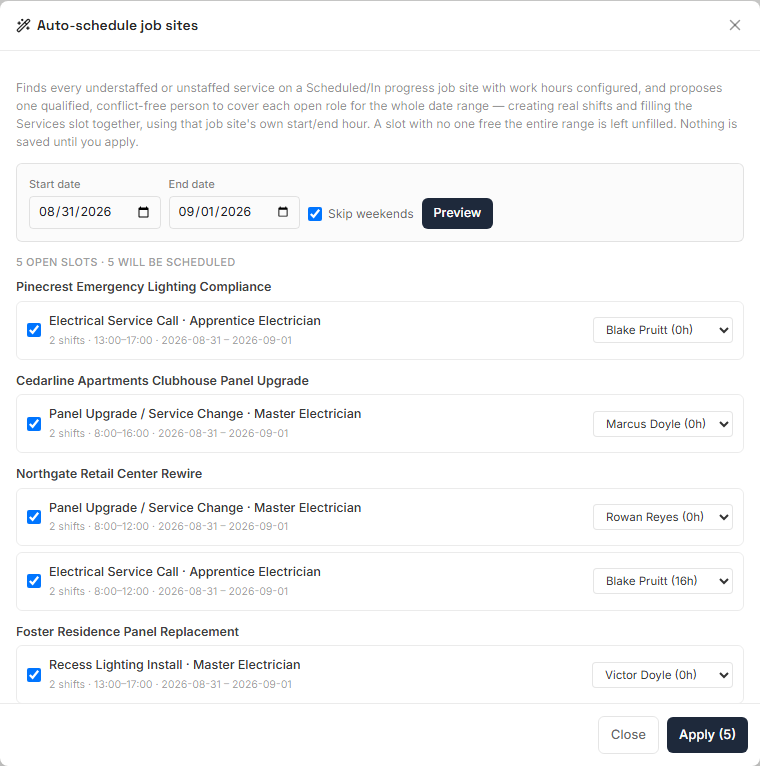 Easier Done's auto-schedule review drawer showing proposed crew assignments across several job sites