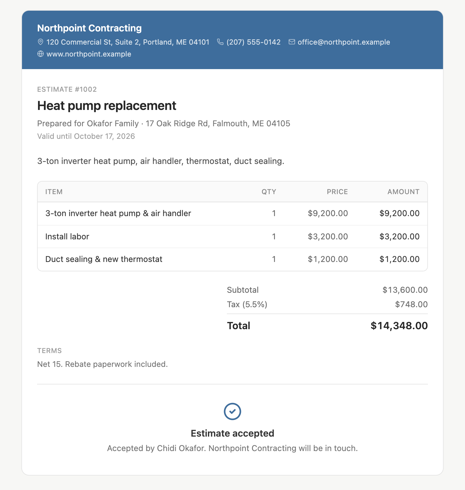 An accepted estimate as the client sees it, with line items, tax and total