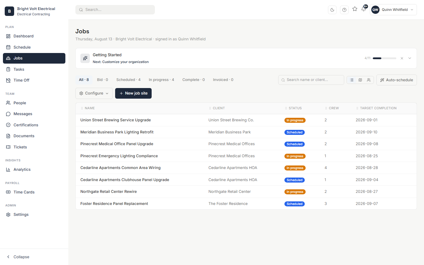 Easier Done's job sites list, showing status, crew count, and target completion for every site