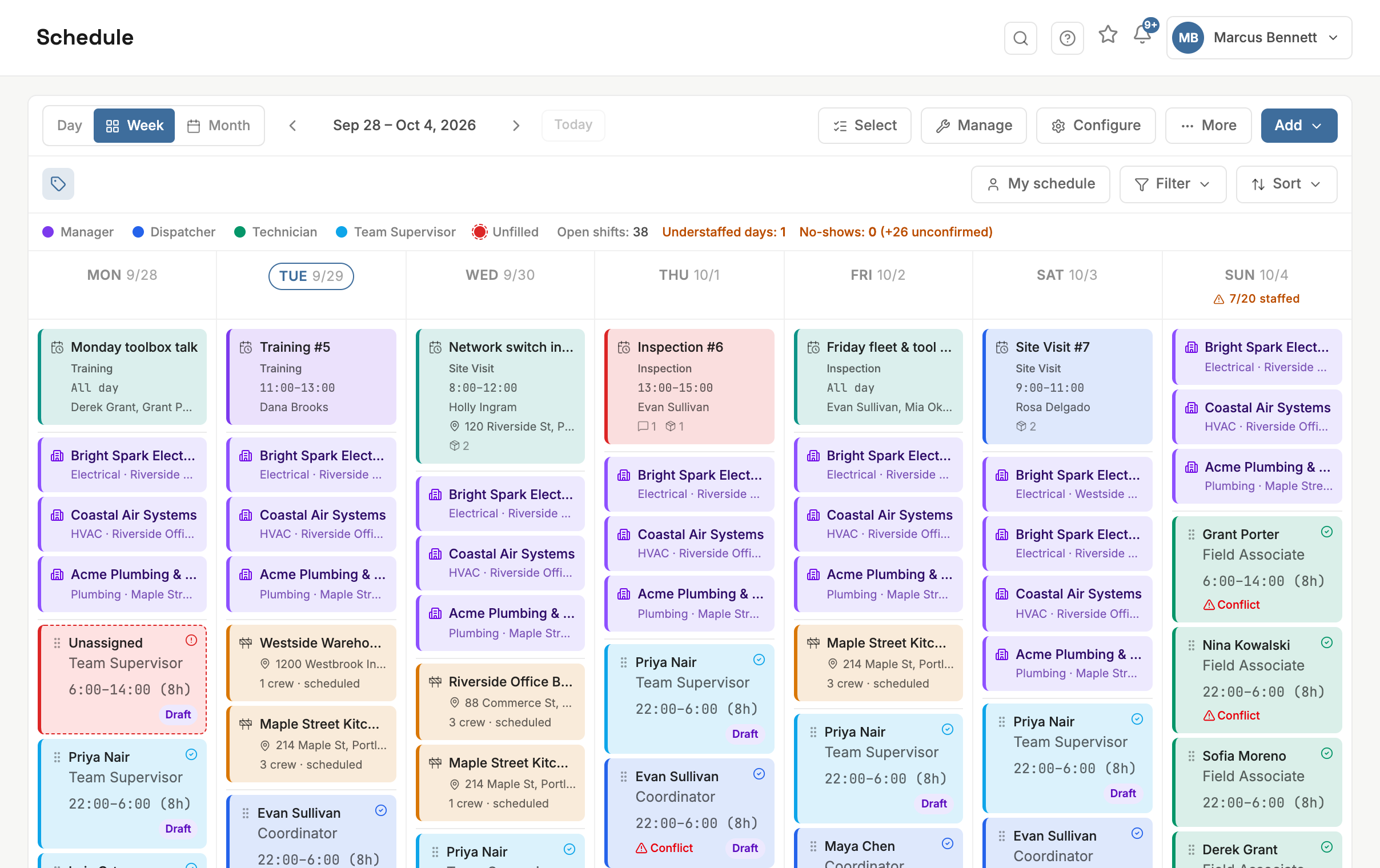 The weekly schedule with events, contractor visits, job crews and each person's shifts